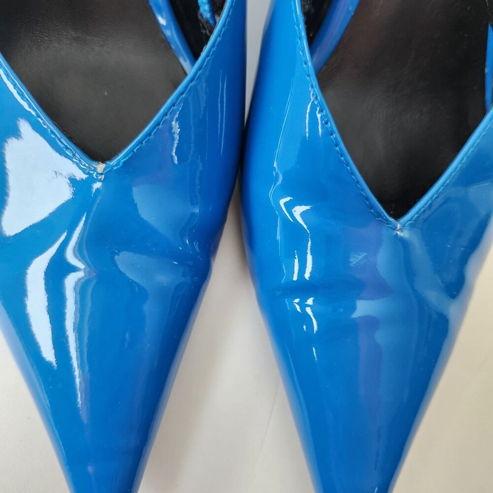 Zara Blue Patent Leather Pointed Toe Kitten Heel Wedge Slingback Shoes Size 38 - Picture 8 of 16